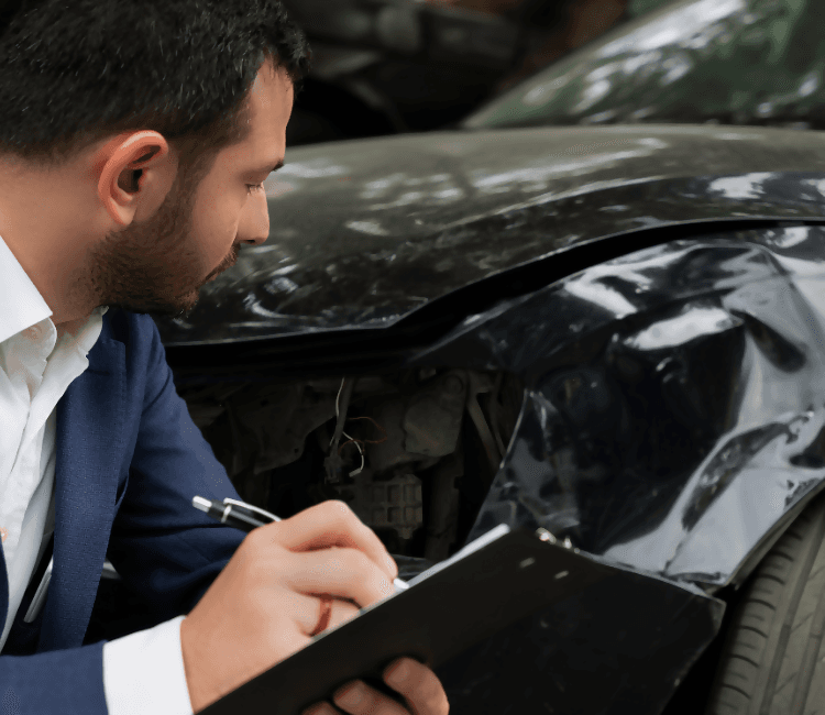 שמאי רכב בוחן נזק שנגרם לפנס שמאל ברכב שחור - תמונה ראשית למאמר "עברתם תאונה? מה עושים בתביעת ביטוח רכב"